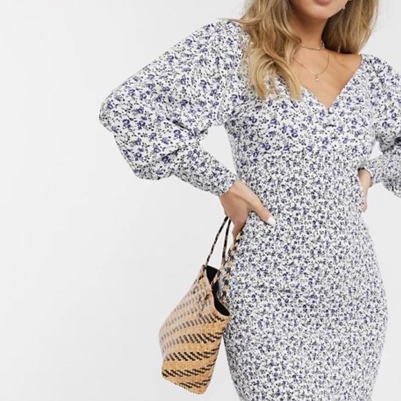 ASOS Dresses & Skirts - ASOS Shirred Mini Dress Blue Ditsy Floral Print
